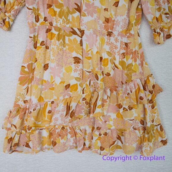 Lost + Wander Sorrento Yellow Multi Floral Print Tiered Mini Dress,‎ size L - Picture 12 of 16